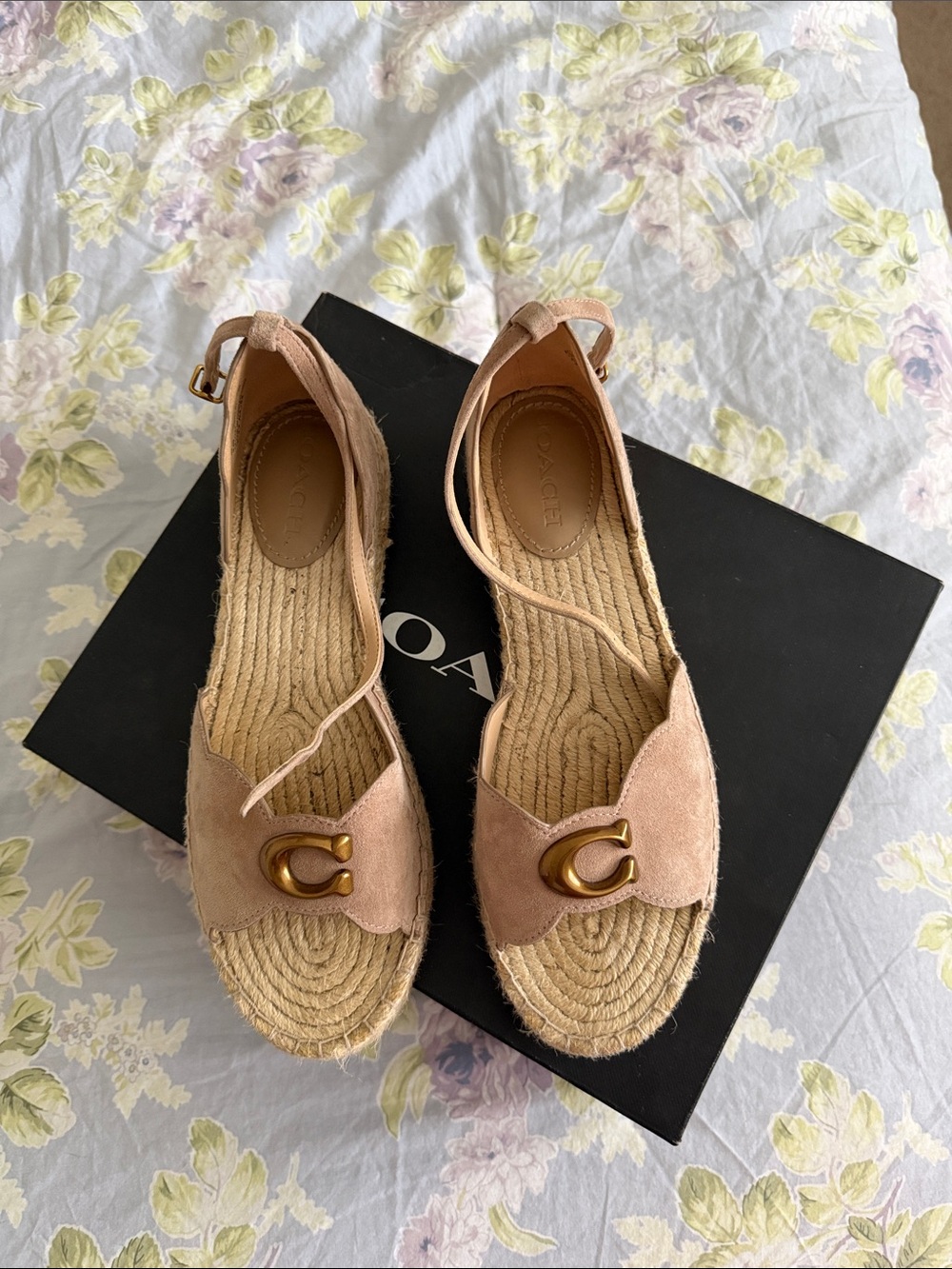 Coach Dillon Blush Suede Espadrille Sandals with Gold Hardware